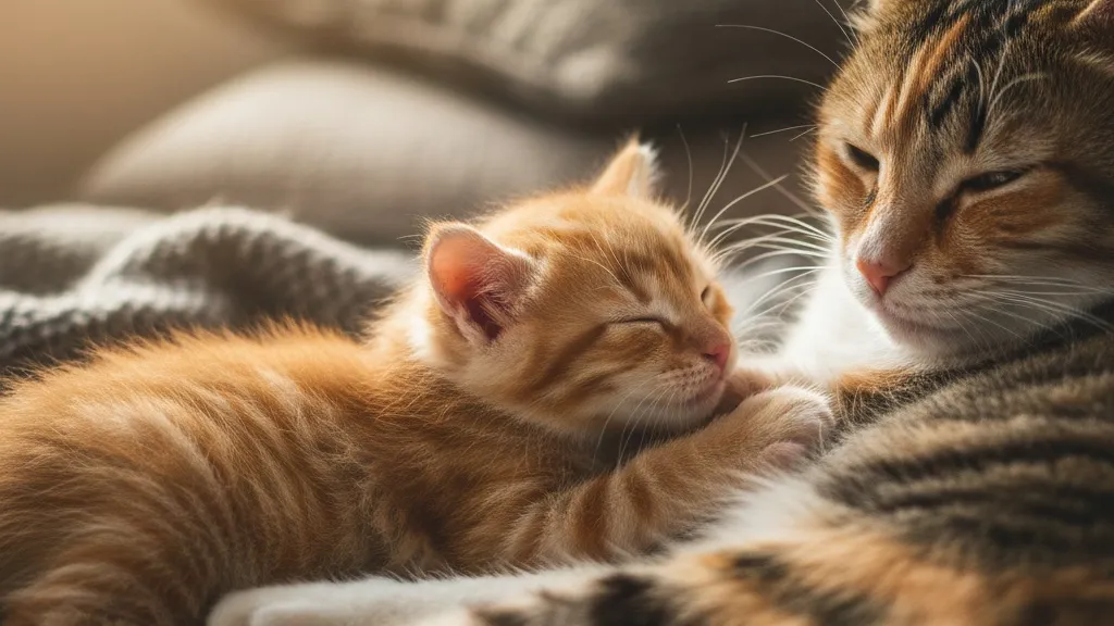 A young kitten nursing and kneading against its mother cat