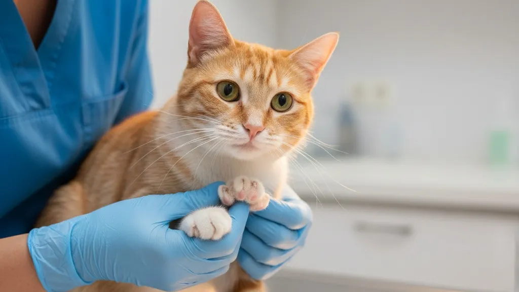 A veterinarian gently examining a cat's paw to check for any signs of discomfort