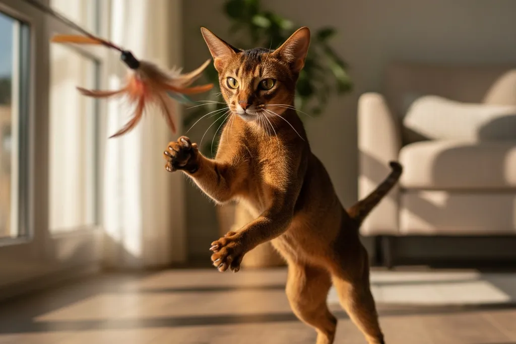 An Abyssinian cat actively playing with an interactive toy