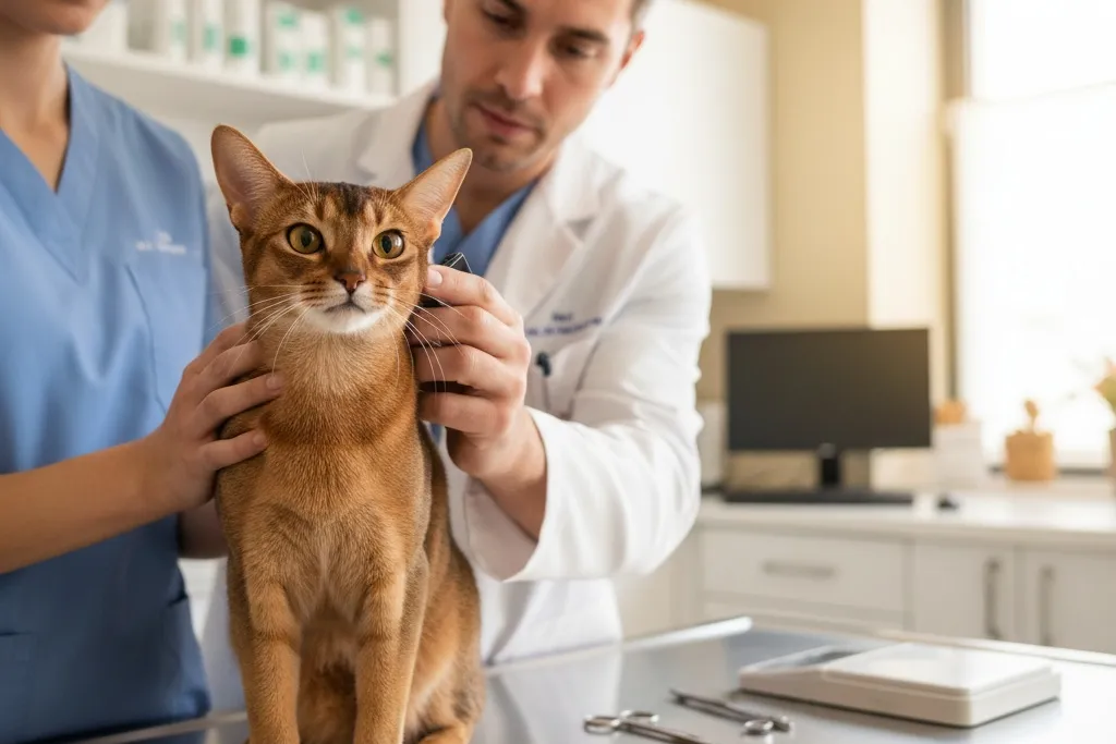 An Abyssinian cat receiving a wellness examination at the veterinarian