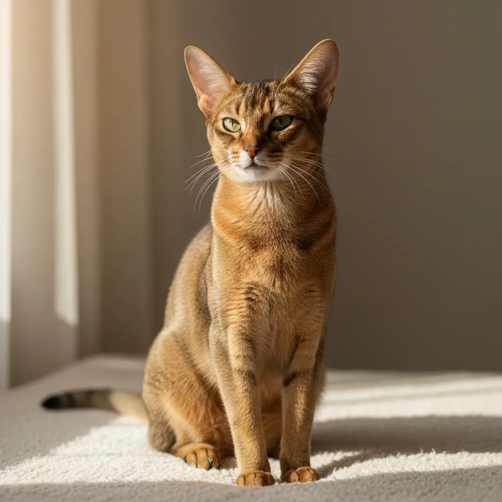 An elegant Abyssinian cat with warm brown ticked tabby coat, large ears, and slender athletic body
