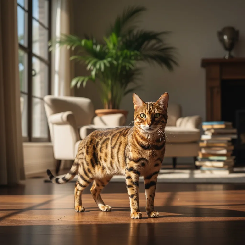 A Bengal cat with leopard-like golden brown spotted rosette coat and muscular athletic build