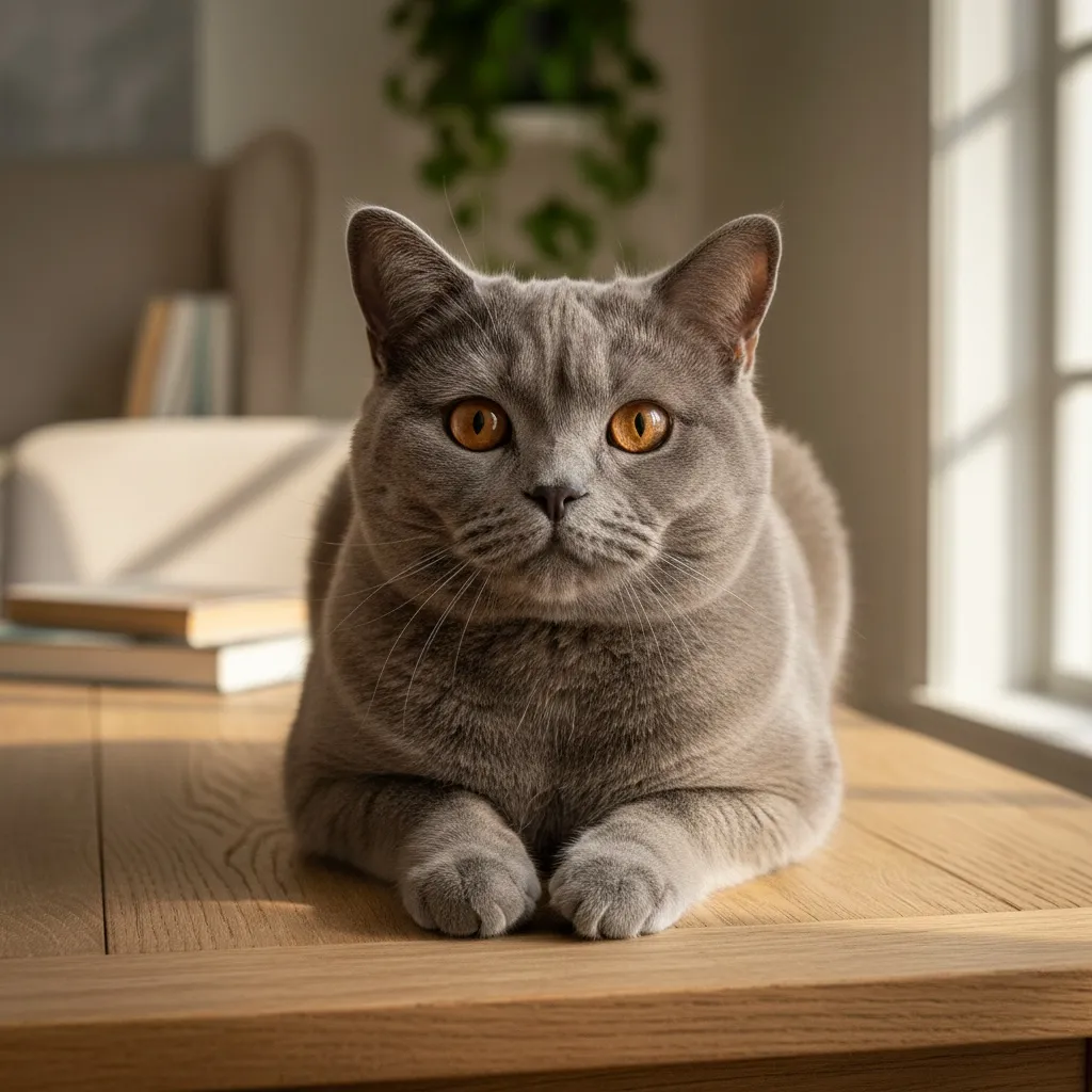 A round-faced British Shorthair cat with dense plush gray coat and large copper-orange eyes sitting in warm light