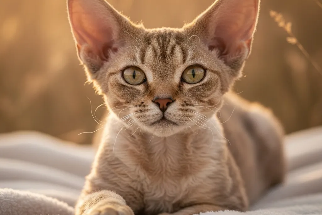 A Devon Rex cat displaying its distinctive pixie-like face and large bat-like ears
