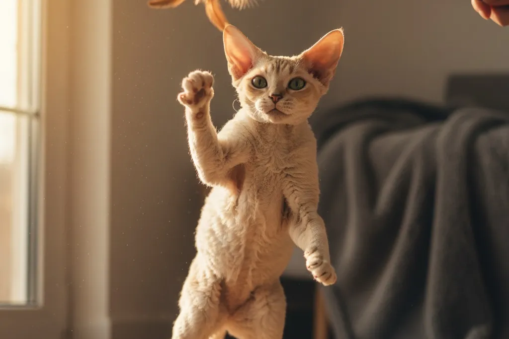 A Devon Rex cat being playful and mischievous with a toy