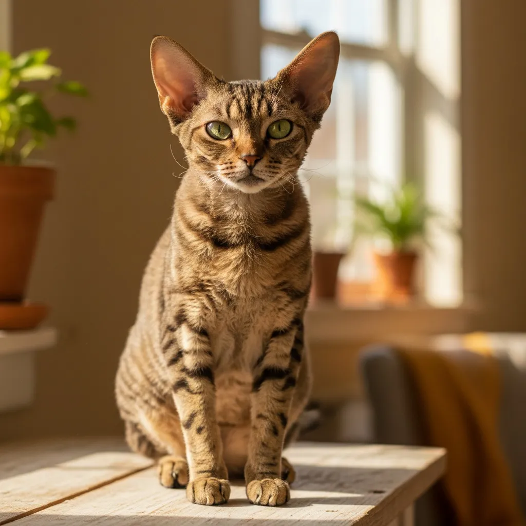 A distinctive Devon Rex cat with large bat-like ears, short wavy coat, and mischievous expression sitting on a sofa