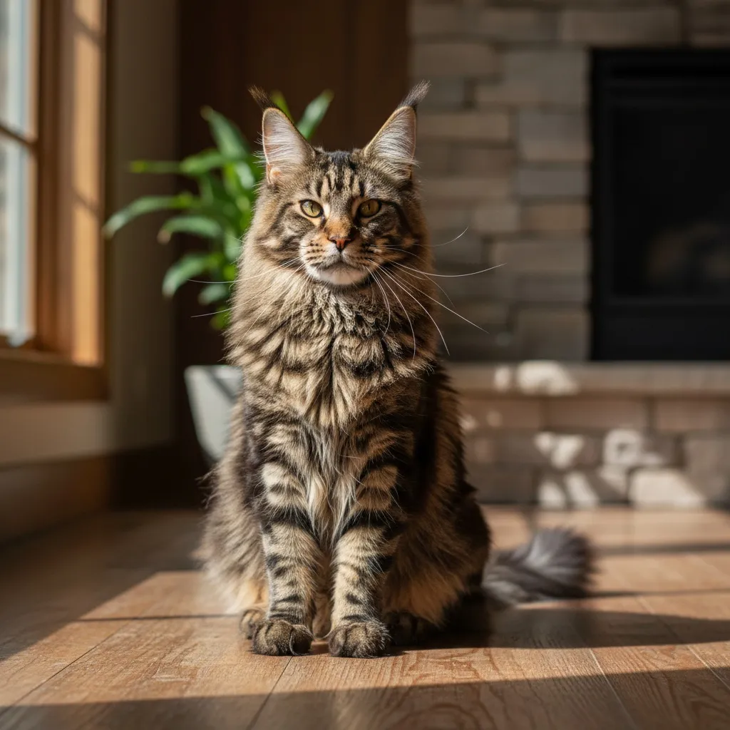 A majestic Maine Coon cat with long thick fur, prominent tufted ears, and large bushy tail sitting in warm sunlight