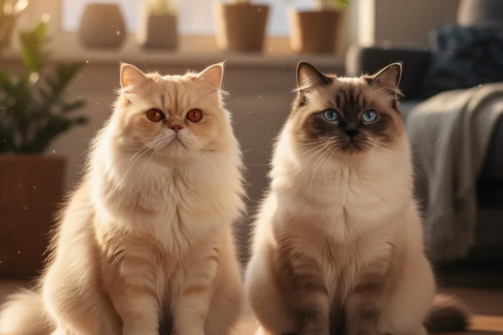 A Persian cat with a Himalayan cat sitting together, showing their distinct coat patterns
