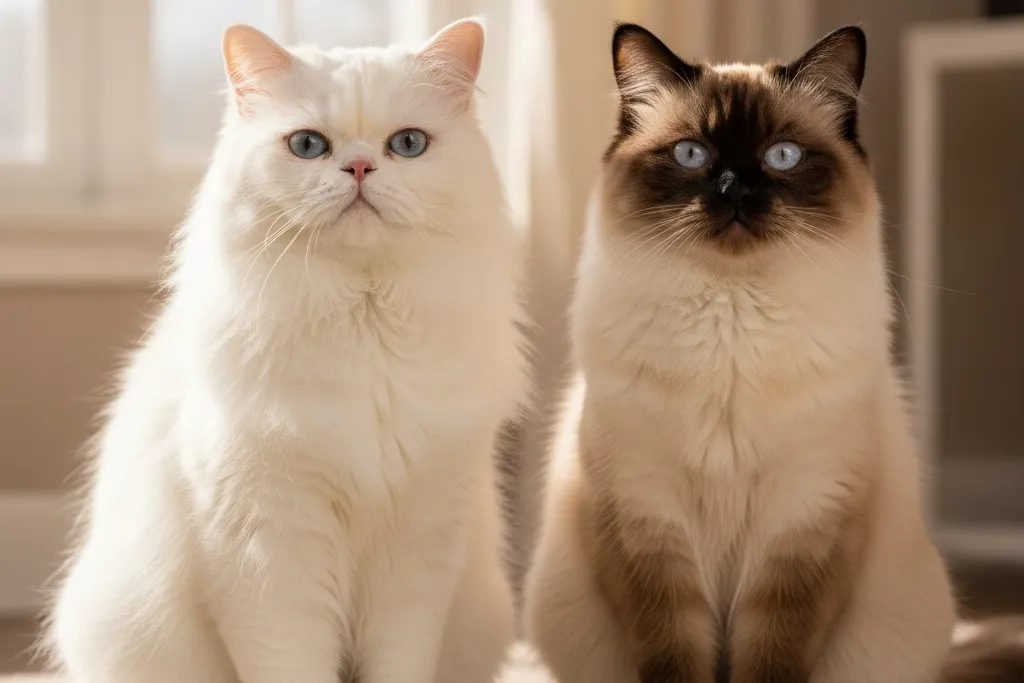 A beautiful Persian cat with long flowing coat alongside a Himalayan cat showing distinctive colorpoint markings
