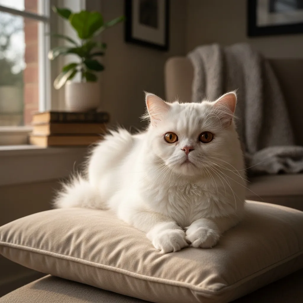 An elegant Persian cat with long luxurious white coat, distinctive flat face, large round eyes
