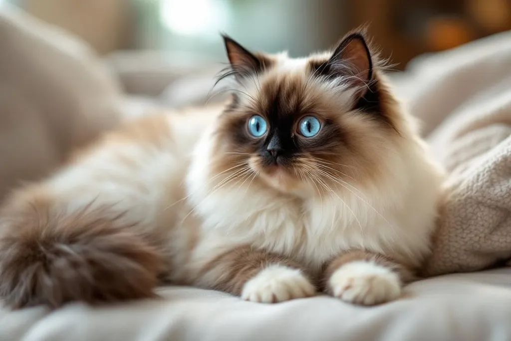 A Ragdoll cat with blue eyes, colorpoint semi-long coat, and large fluffy body lying relaxed