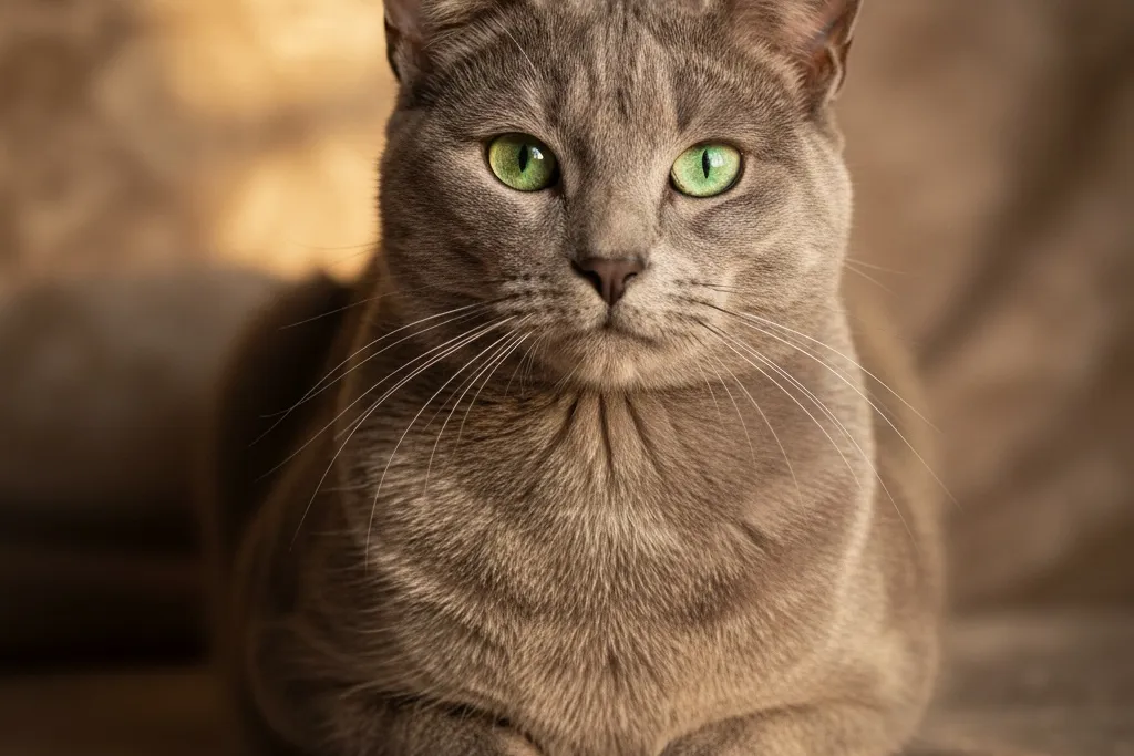 A Russian Blue cat displaying its beautiful silver-blue coat and green eyes