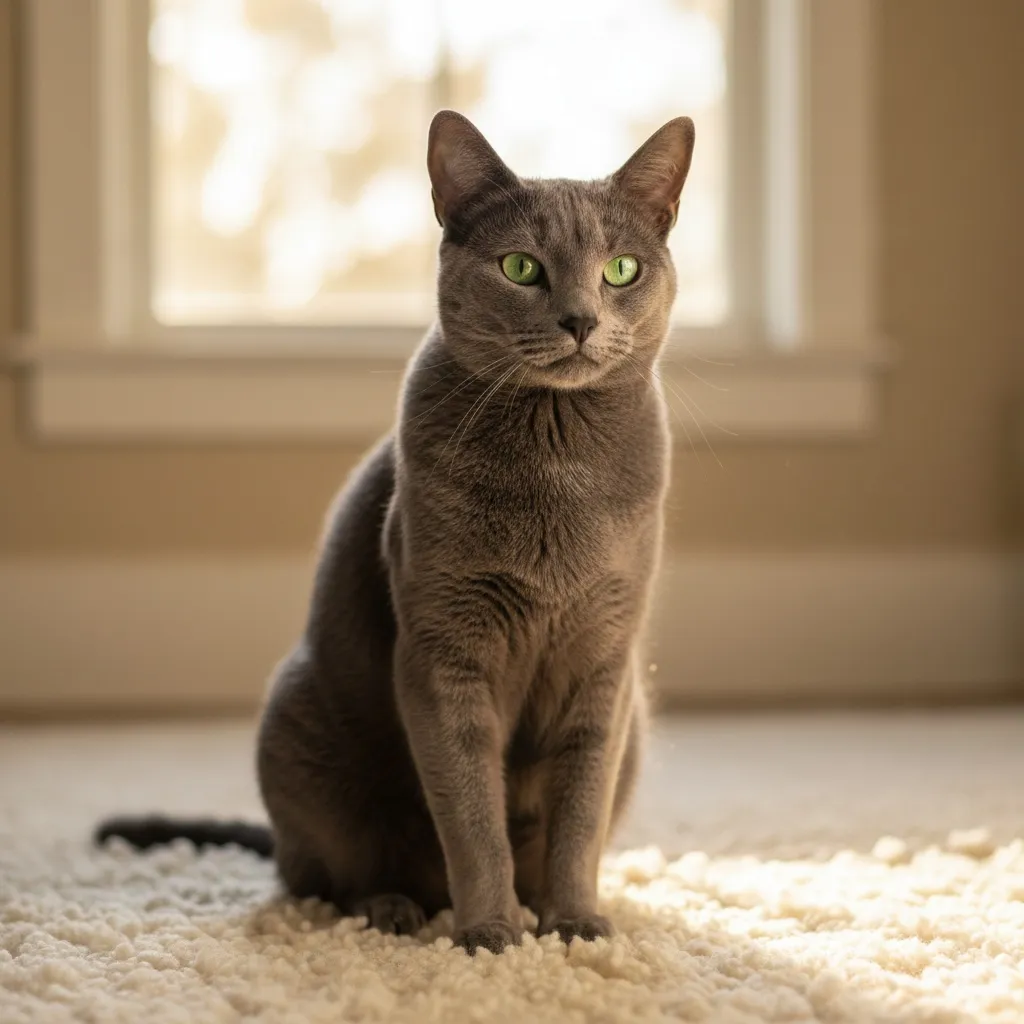 An elegant Russian Blue cat with short dense blue-gray coat with silver tips and vivid green eyes