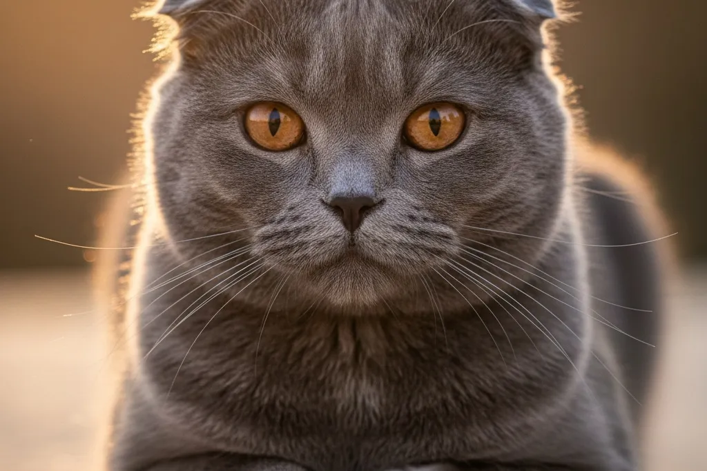 A Scottish Fold cat showing its distinctive folded ears and round face
