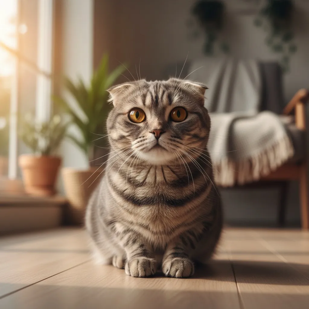 An adorable Scottish Fold cat with distinctive folded ears, round face, and fluffy gray coat
