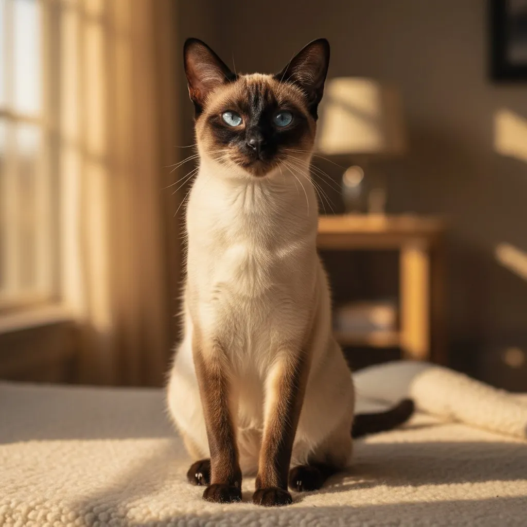 A sleek Siamese cat with color-pointed coat, vivid blue almond-shaped eyes, sitting gracefully