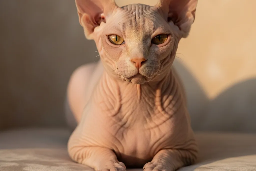 A Sphynx cat showing its distinctive hairless wrinkled skin and large ears