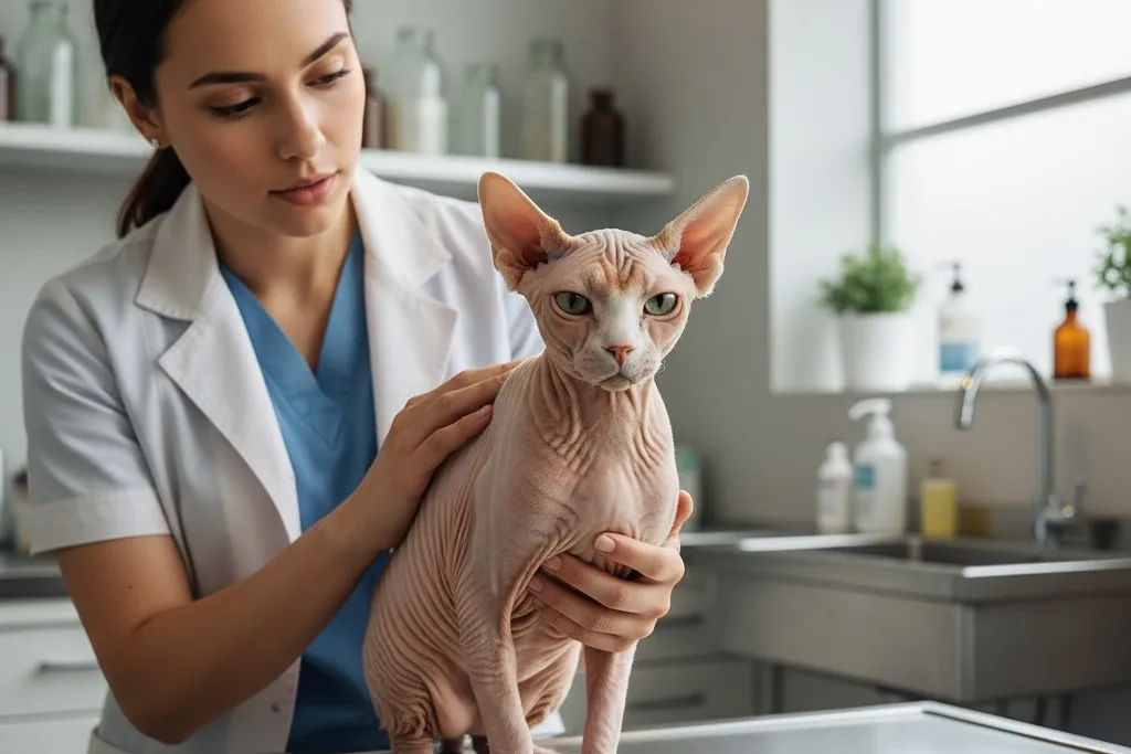 A Sphynx cat receiving a gentle veterinary examination