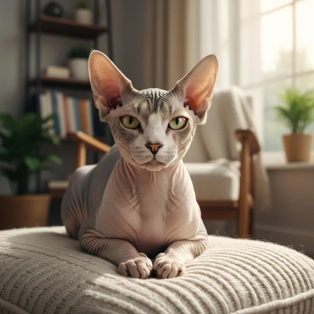 A Sphynx cat with hairless wrinkled pinkish skin, large ears, and prominent cheekbones on a soft cushion