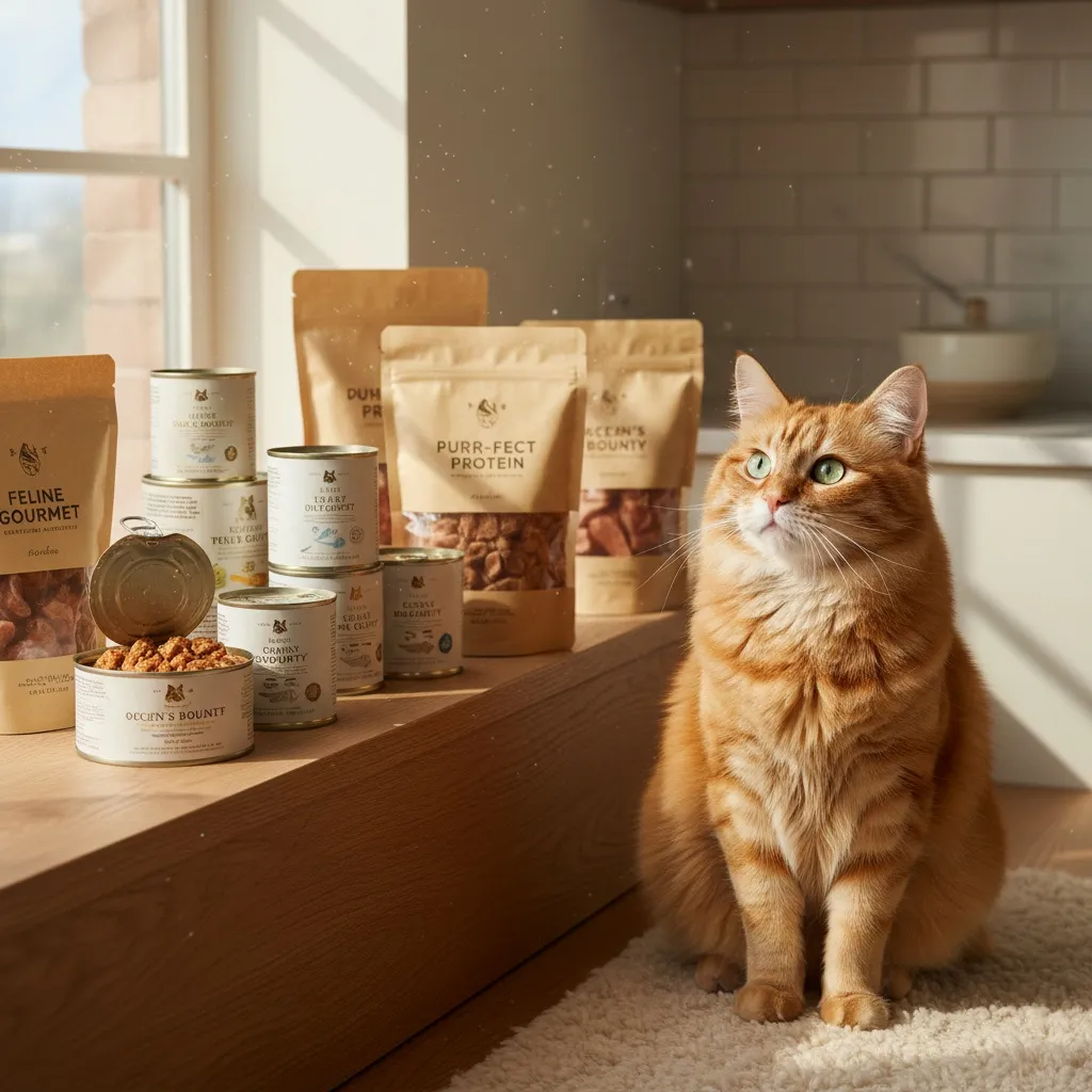 Various premium cat food brands arranged on a shelf