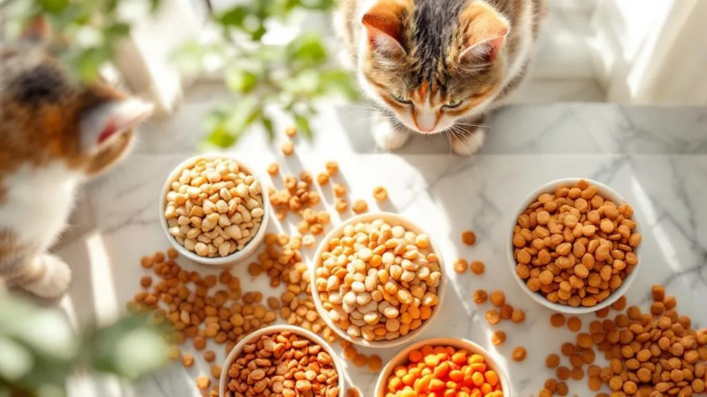 Various premium dry cat food brands including Orijen, Blue Buffalo, Hill's Science Diet, Royal Canin, and Purina Pro Plan