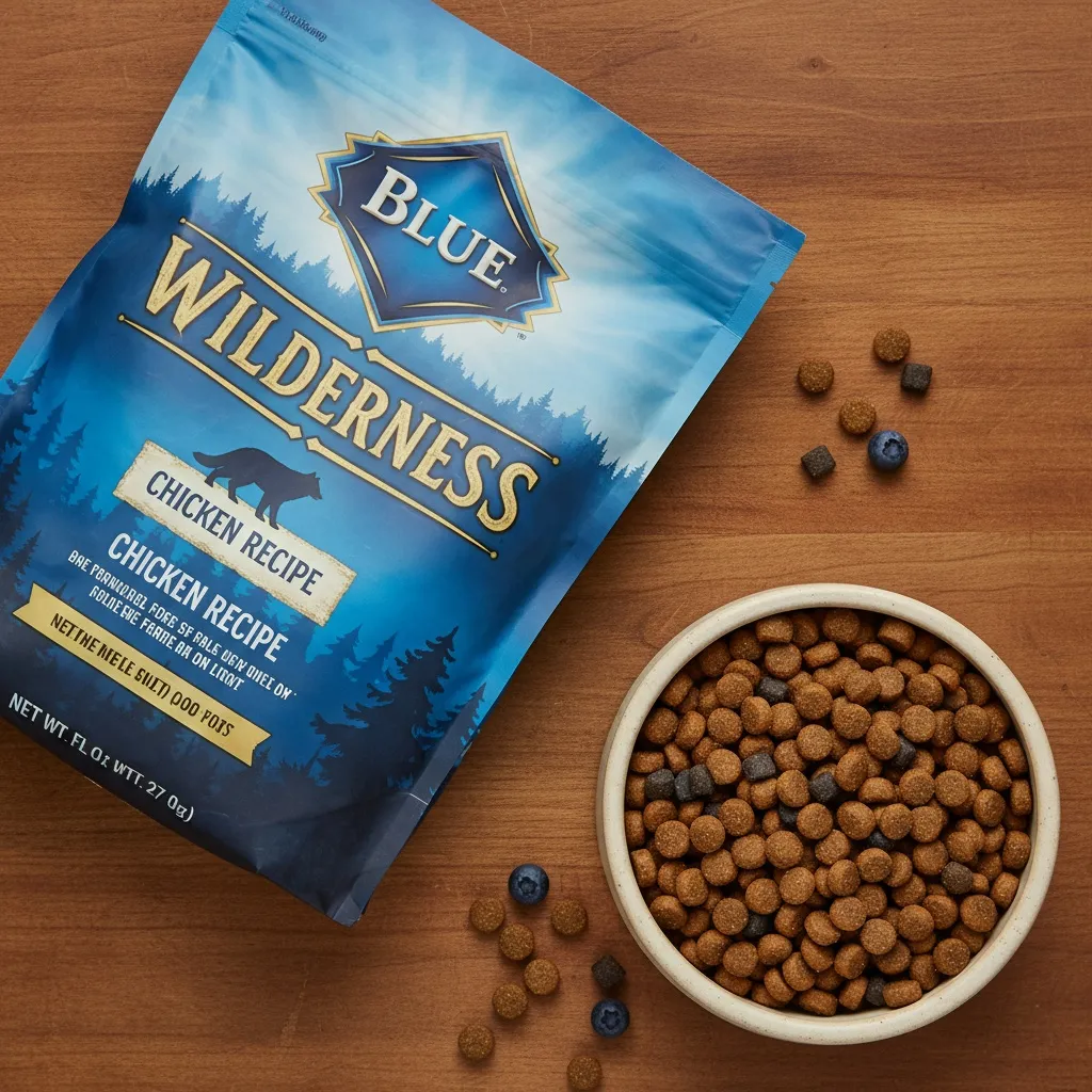 Blue Buffalo Wilderness dry cat food bag and bowl of kibble with the distinctive LifeSource Bits visible