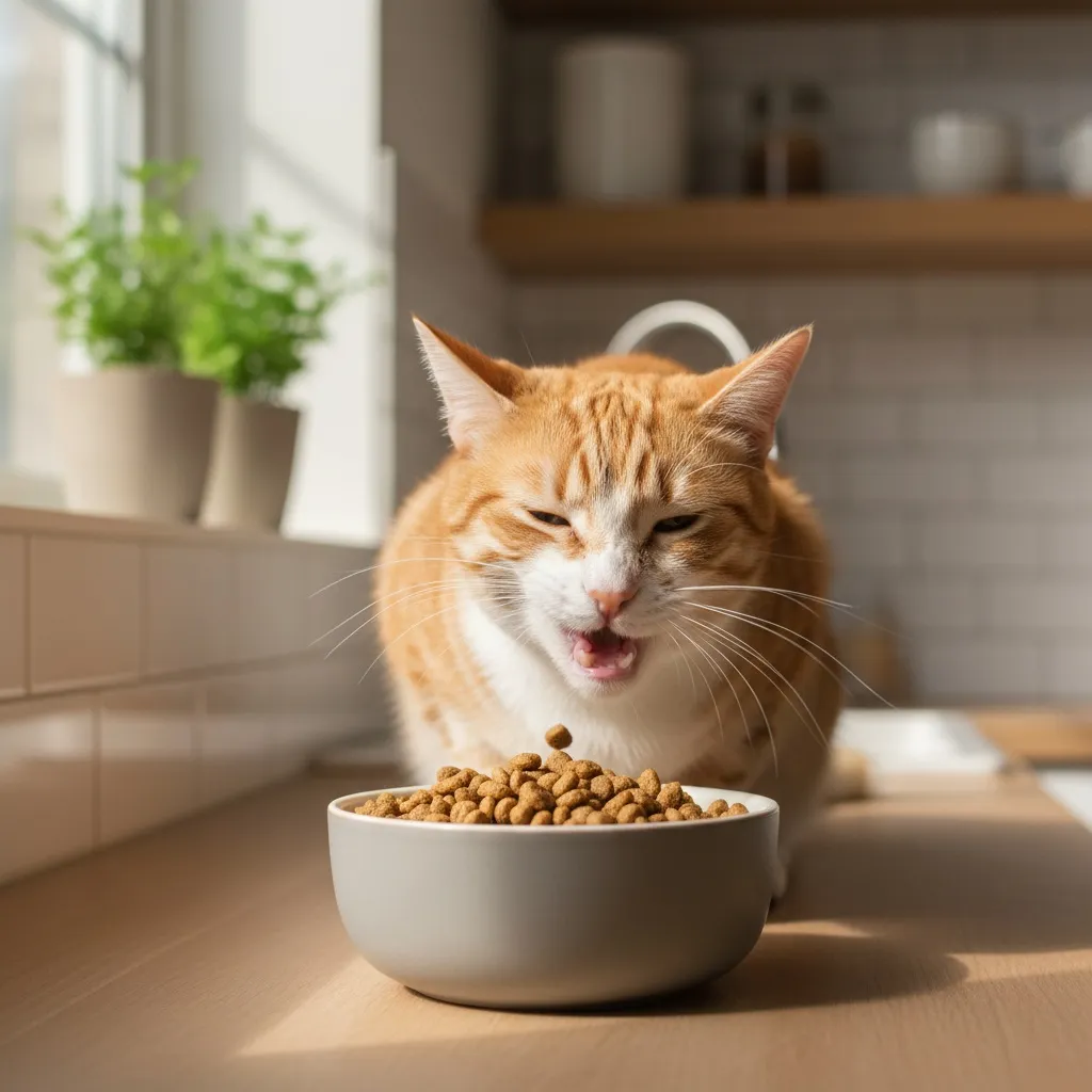 A happy cat enjoying a meal of dry kibble from a bowl, with visible dental health benefits from the crunchy texture