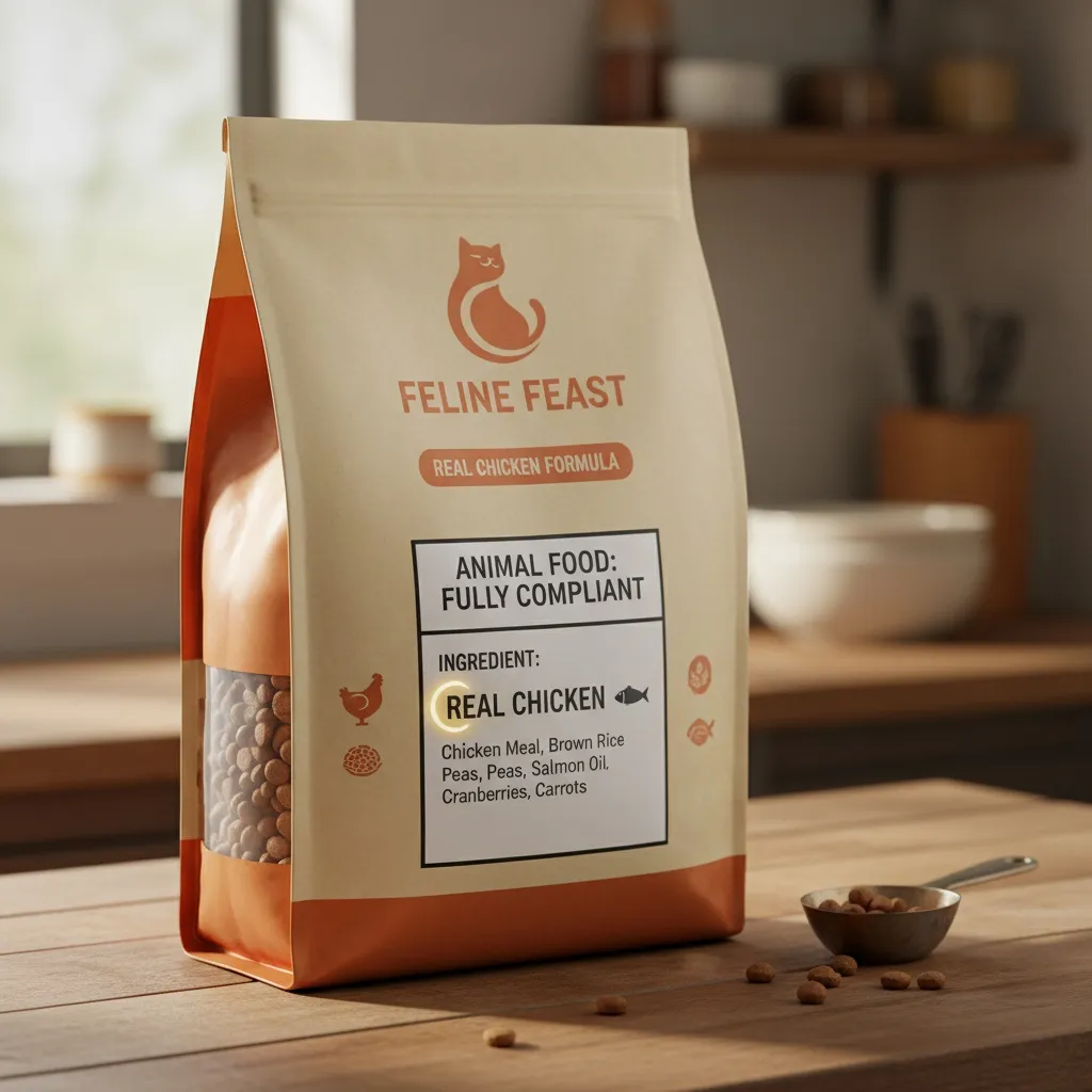 A close-up of a high-quality dry cat food bag showing the AAFCO statement and real chicken as the first ingredient