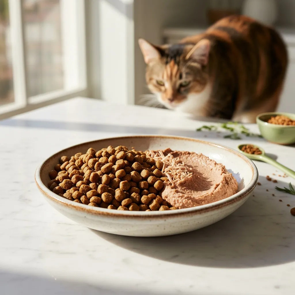 A cat eating from a meal that combines both dry kibble and wet food in a single bowl