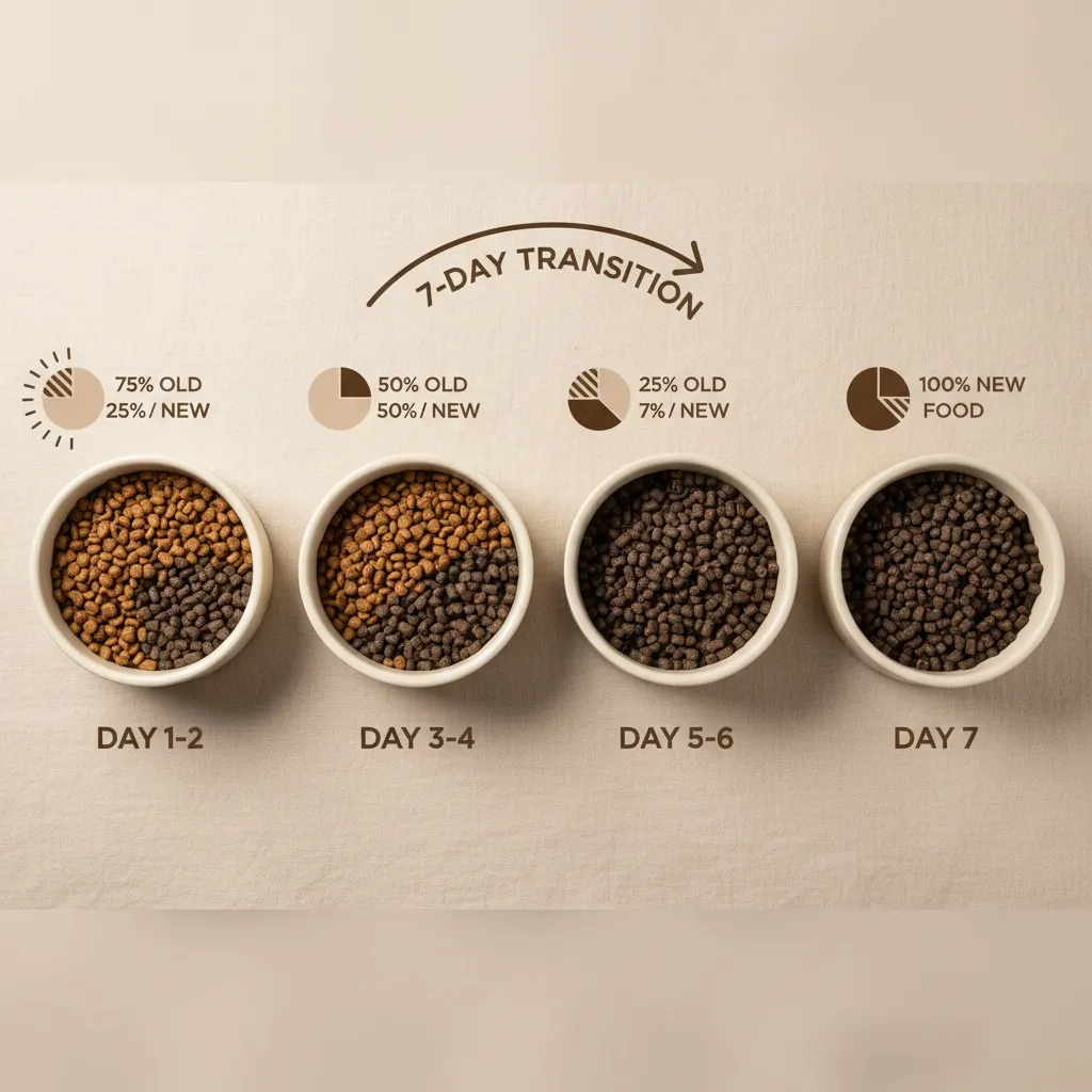 A visual diagram showing the gradual food transition schedule with four bowls showing increasing proportions of new food