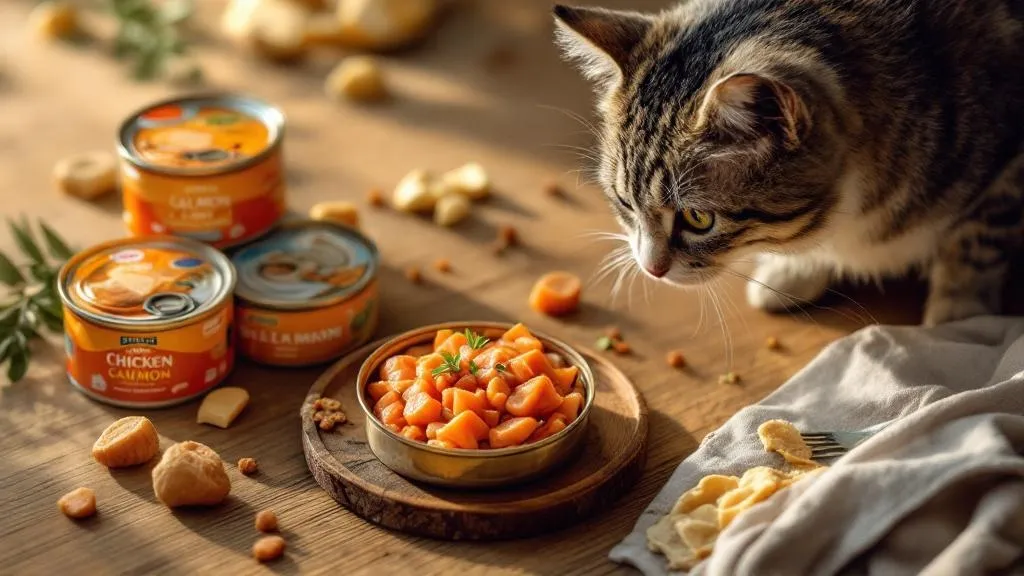 Premium wet cat food brands including Tiki Cat, Wellness CORE, Weruva, Instinct, and Fancy Feast in cans and pouches