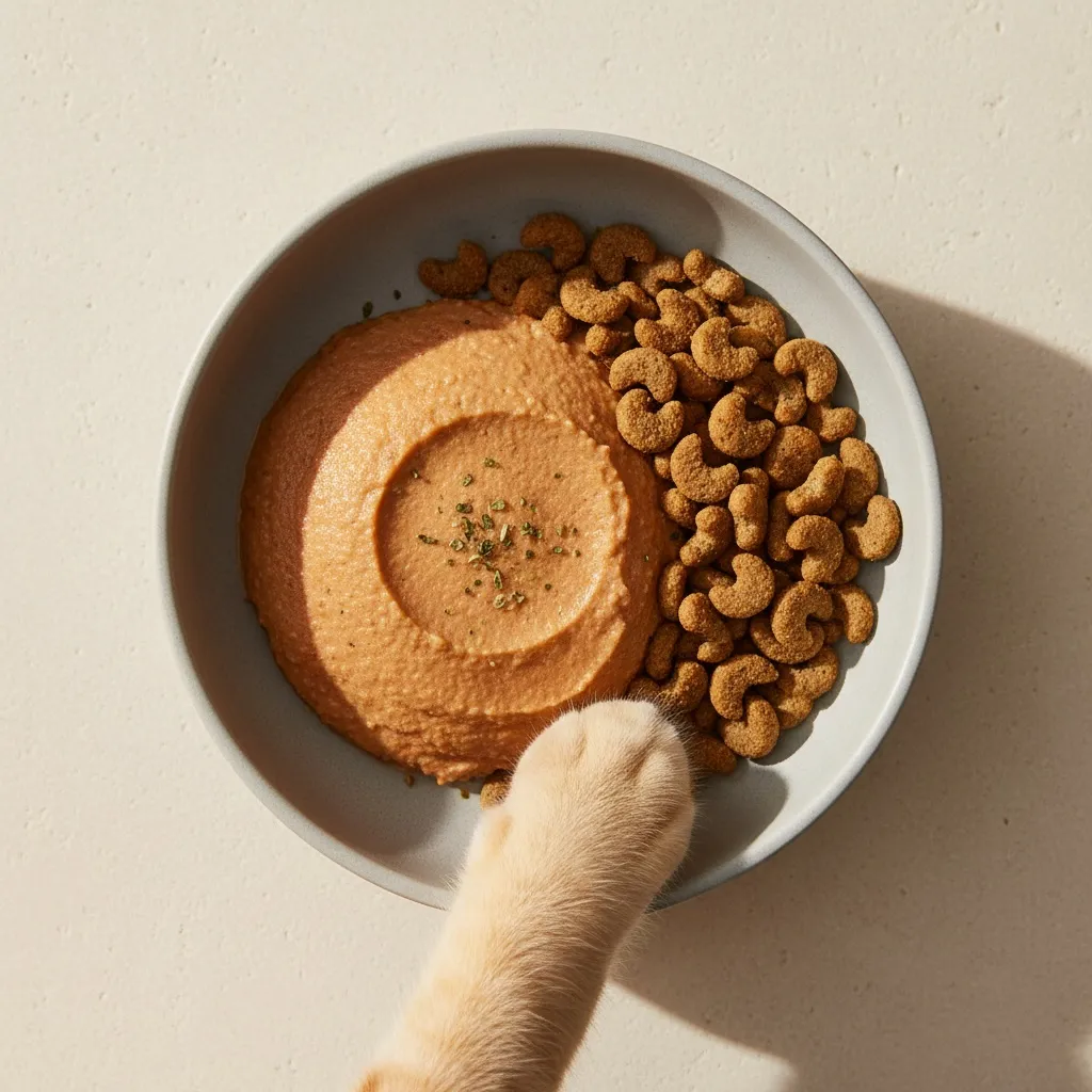 A meal combination featuring both wet cat food and dry kibble in a single serving bowl
