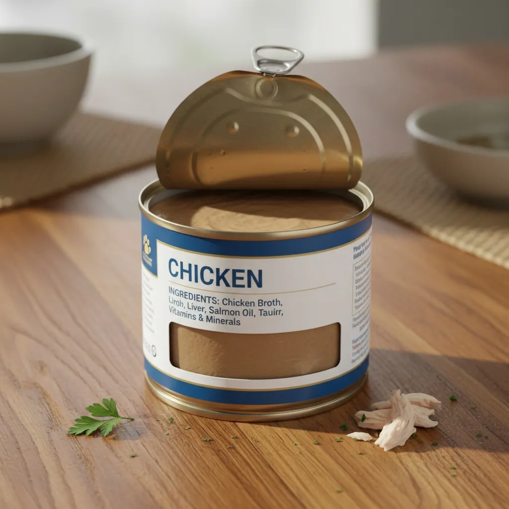 A wet cat food can showing a clear ingredient list with real chicken as the first ingredient
