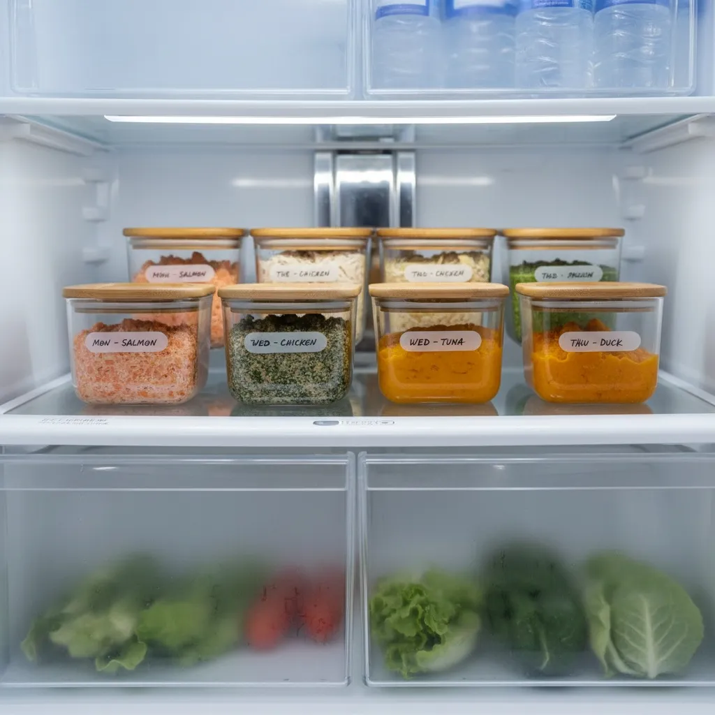 Refrigerated portions of wet cat food stored in small airtight containers, ready for daily feeding