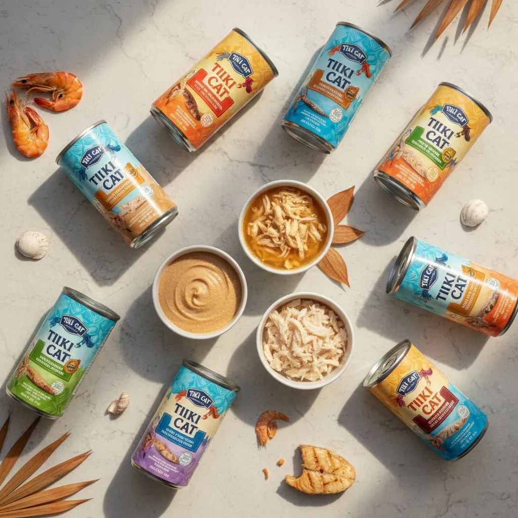 A collection of Tiki Cat wet food varieties showing different textures from pate to chunky shreds in broth