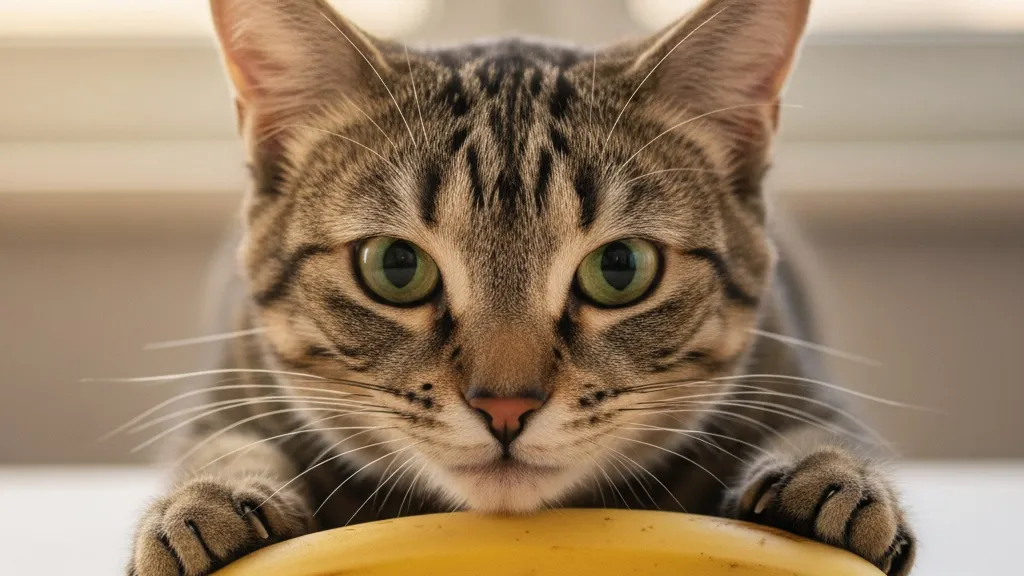A cat sniffing a banana on a kitchen counter