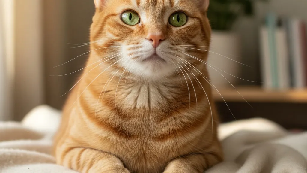 A healthy cat with a content expression sitting on a couch