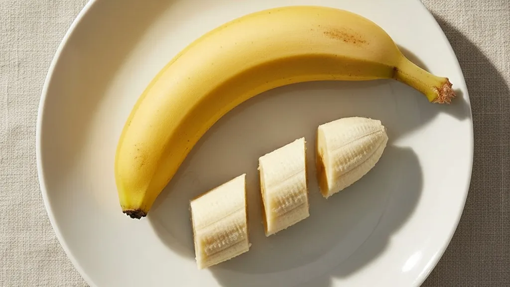 A curious cat looking at a banana on a kitchen counter
