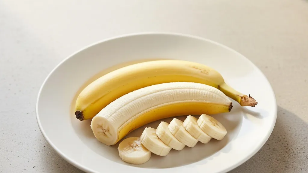 A banana on a yellow background with sections visible