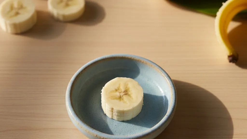 A small plate with a tiny portion of banana for a cat