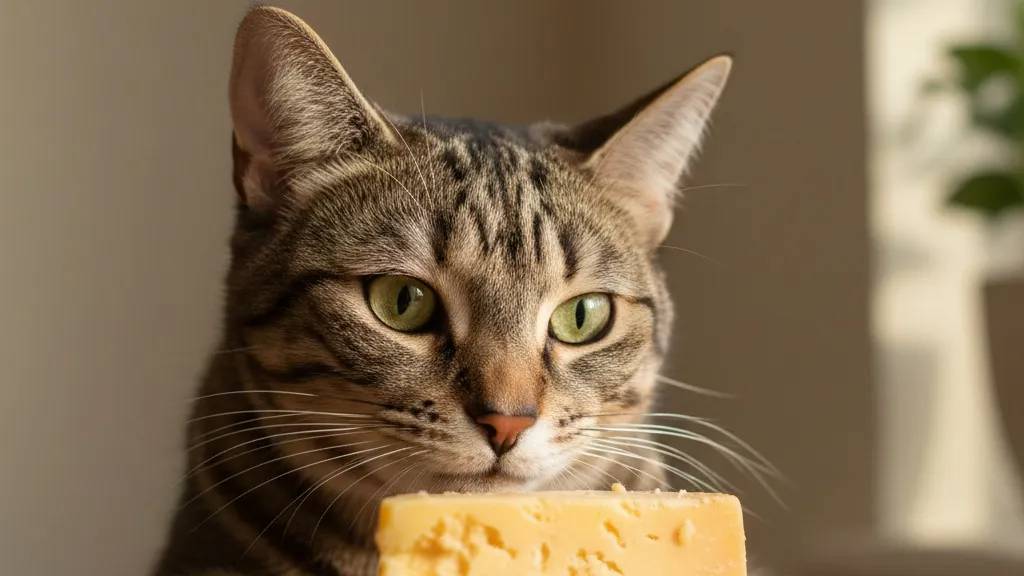 A cat with a curious expression looking at cheese
