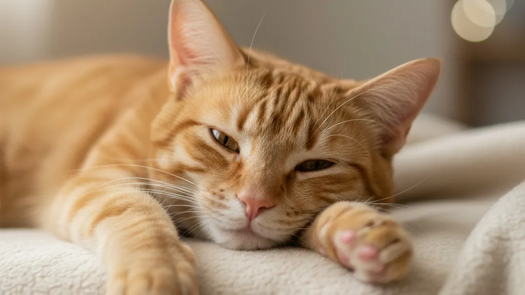 A cat resting comfortably after eating