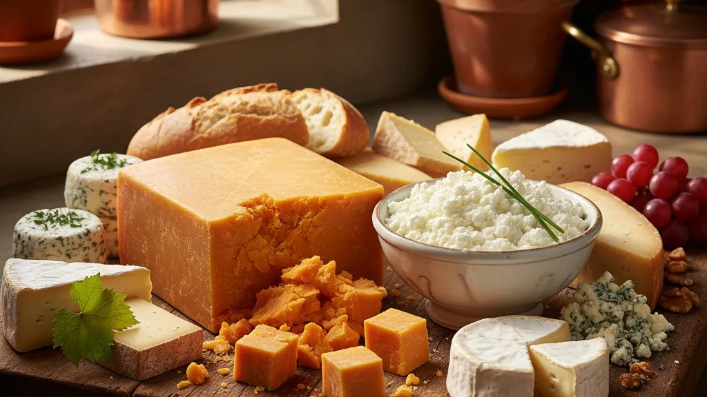 Various types of cheese including cheddar and cottage cheese