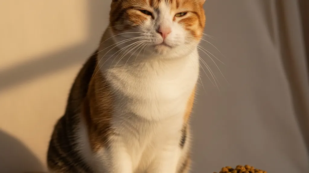 A content cat sitting near a clean food bowl