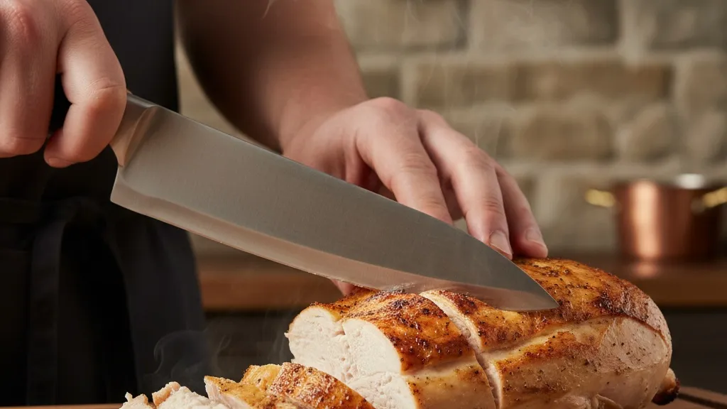 Cooked chicken breast being cut into small pieces for a cat