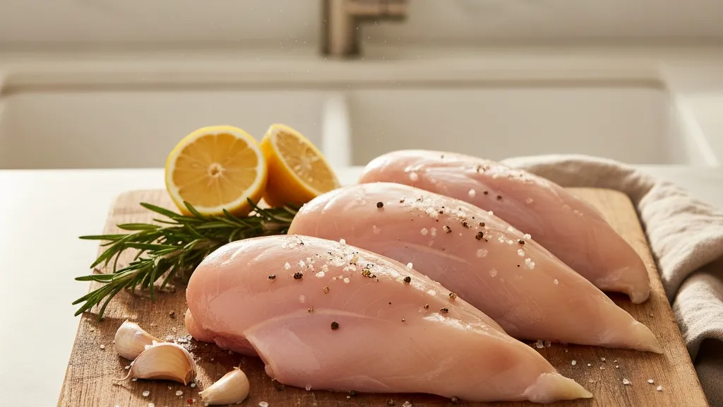 Fresh raw chicken breast on a clean cutting board ready for cooking