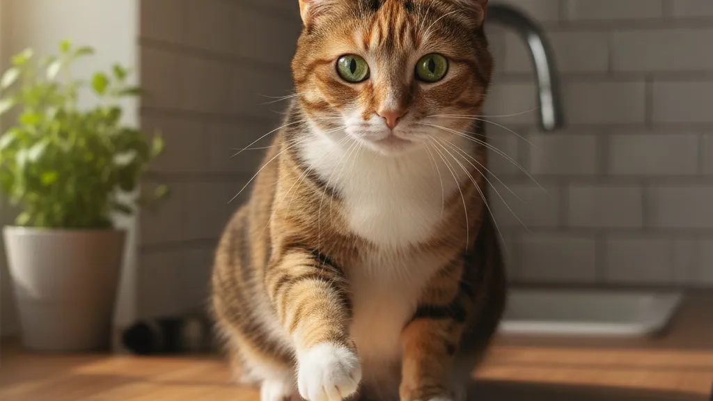 A cat sitting near a plate with a cooked egg