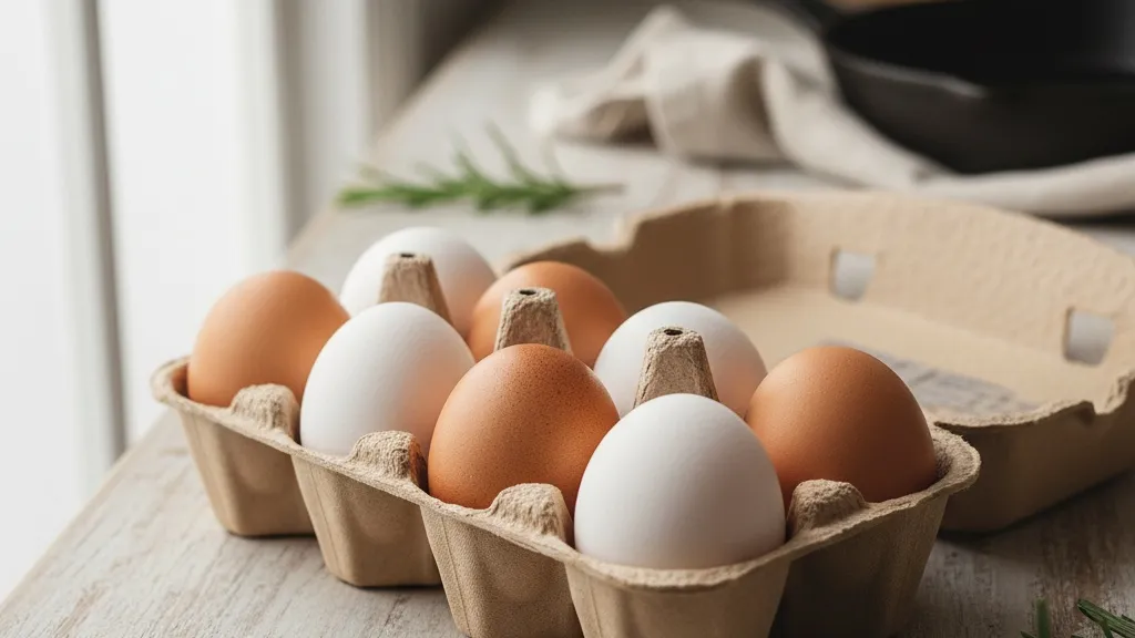 Fresh eggs in a carton on a kitchen counter