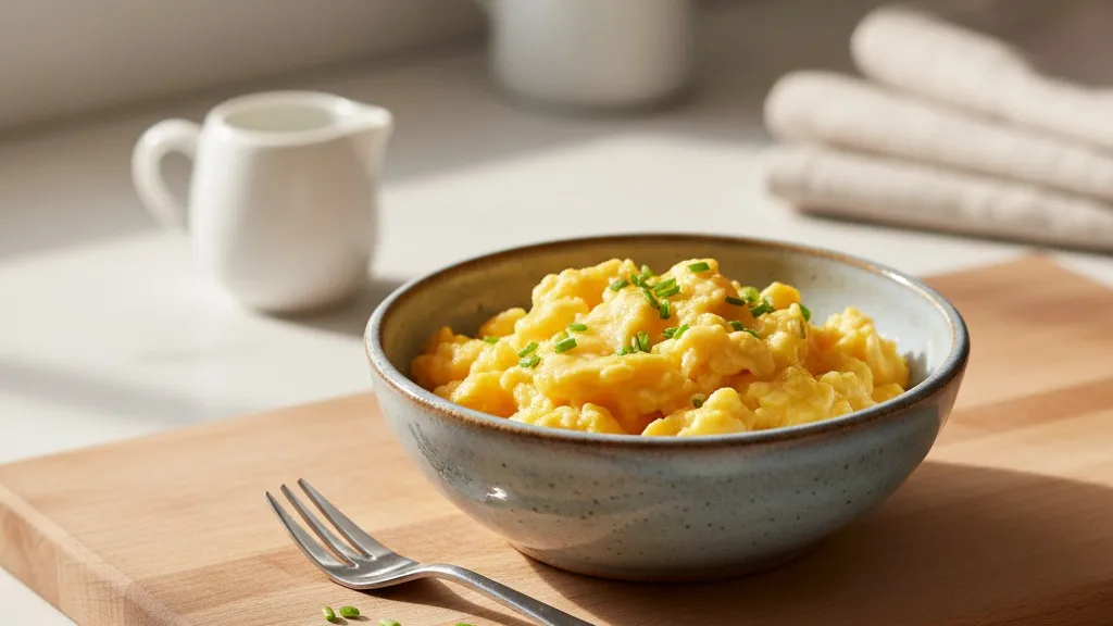 A small plate with a properly portioned scrambled egg for a cat