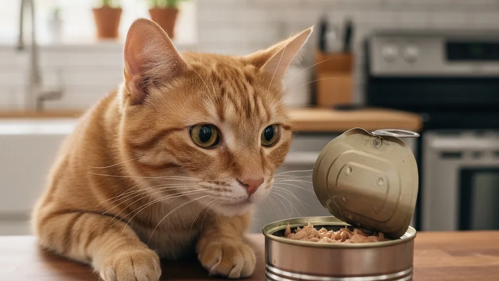 A cat sitting near a tuna can looking alert and interested